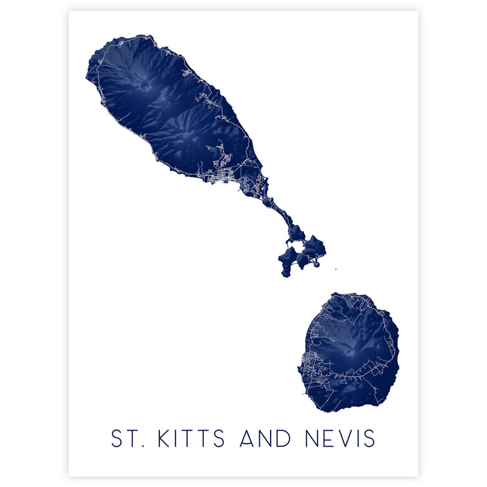 Map of St. Kitts and Nevis in blue on a white background