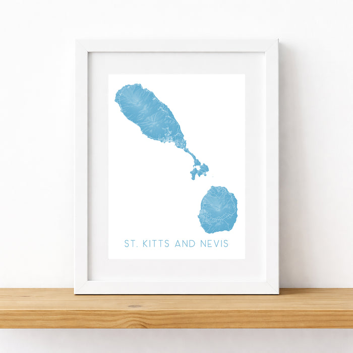 Framed map of St. Kitts and Nevis on a white wall