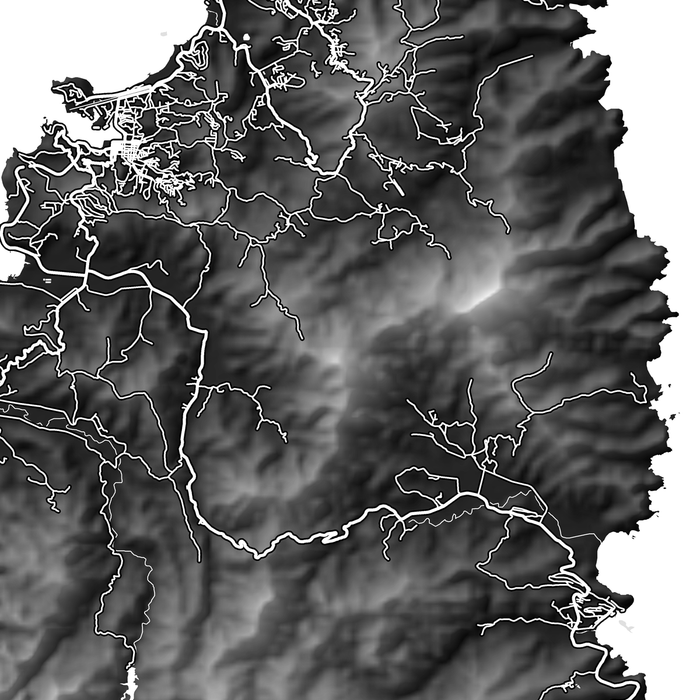 Topographic map with white lines indicating roads or boundaries on a gray background