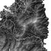 Topographic map with white lines indicating roads or boundaries on a gray background