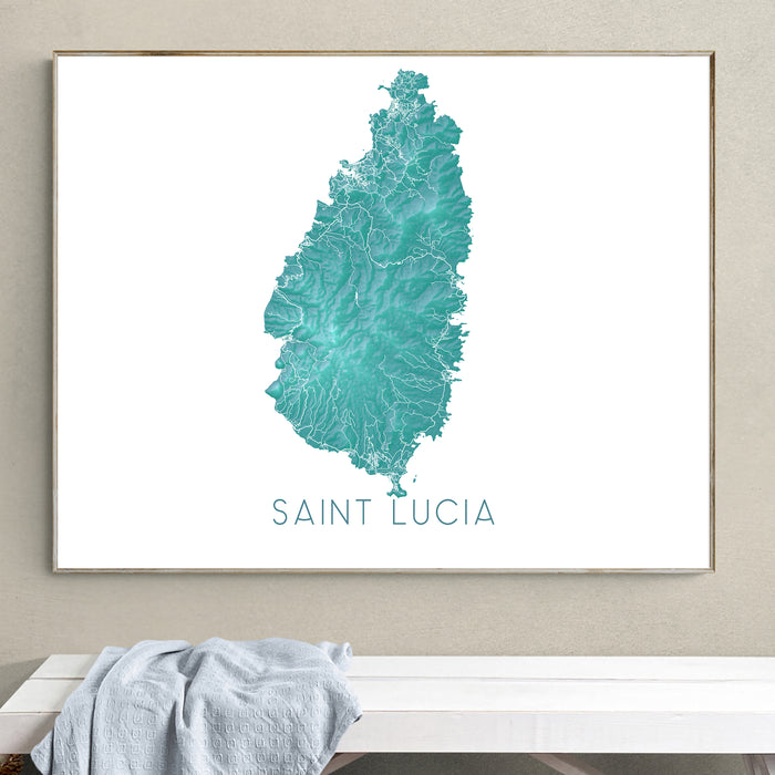 Framed map of Saint Lucia on a wall above a bench.