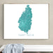 Framed map of Saint Lucia on a wall above a bench.