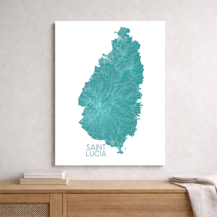 Map of Saint Lucia on a white wall above a wooden surface