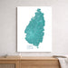 Map of Saint Lucia on a white wall above a wooden surface