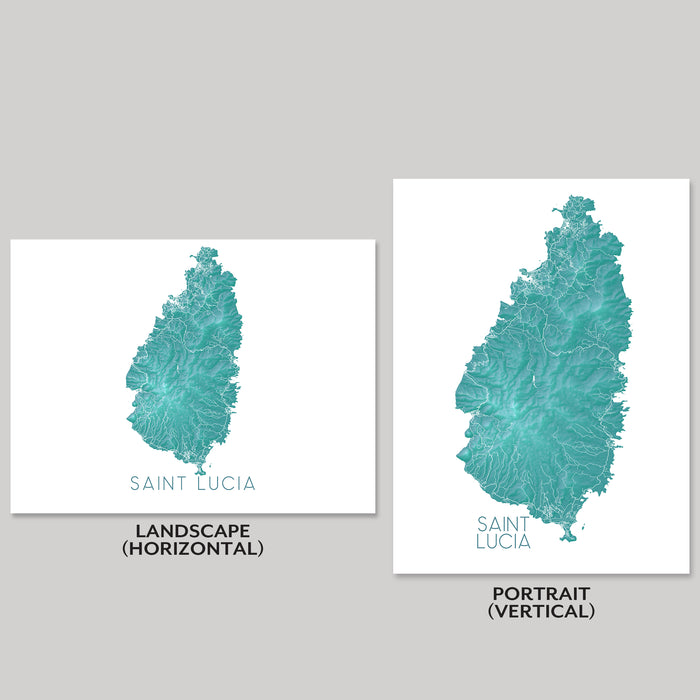 Two maps of Saint Lucia, one in landscape and one in portrait orientation, on a gray background.