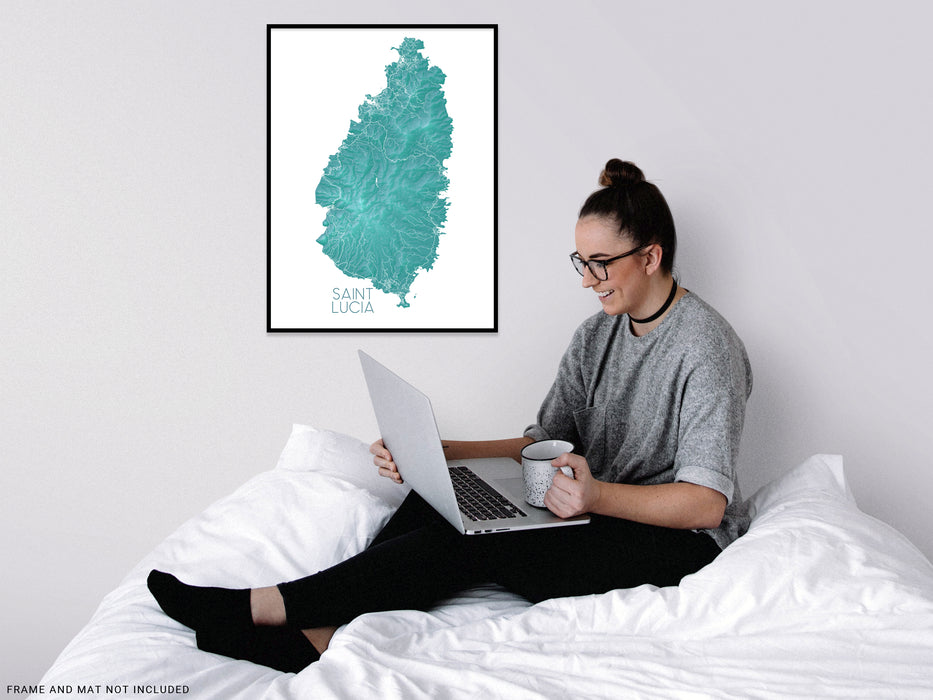 Saint Lucia island map print with a turquoise topographic design by Maps As Art.