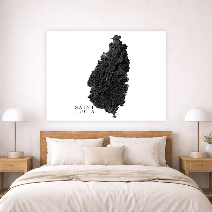 St Lucia Topographic Map Print: Black and White Caribbean Island Wall Art Poster