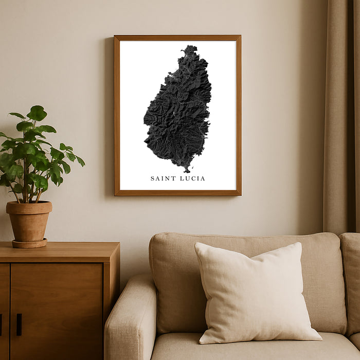 St Lucia Topographic Map Print: Black and White Caribbean Island Wall Art Poster