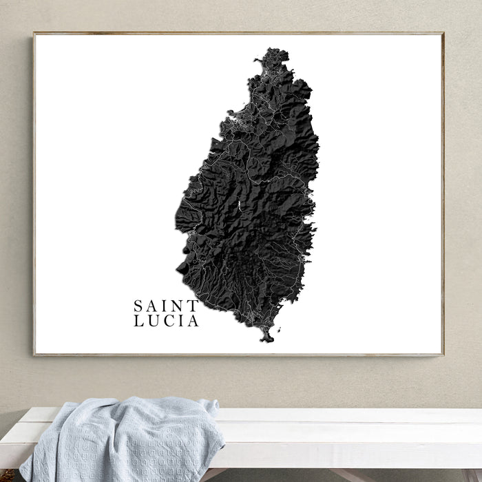 St Lucia Topographic Map Print: Black and White Caribbean Island Wall Art Poster