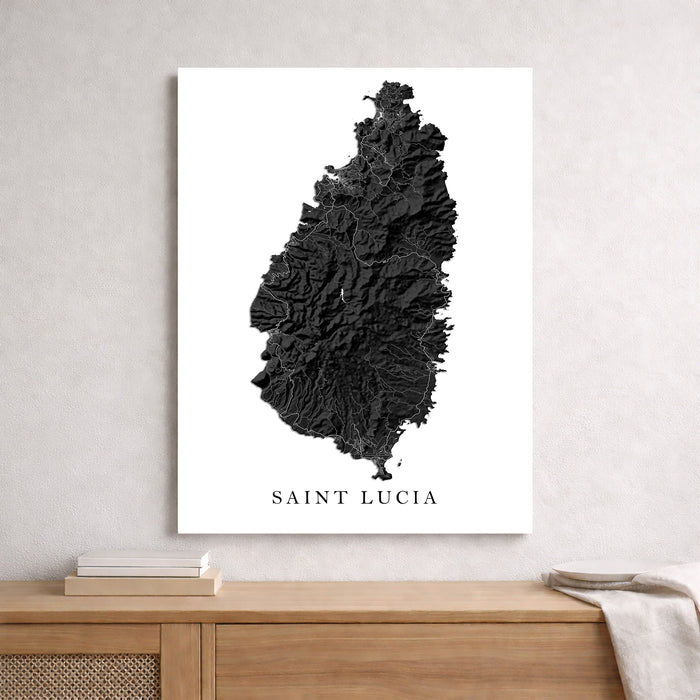 St Lucia Topographic Map Print: Black and White Caribbean Island Wall Art Poster