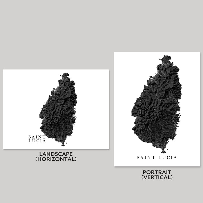 St Lucia Topographic Map Print: Black and White Caribbean Island Wall Art Poster
