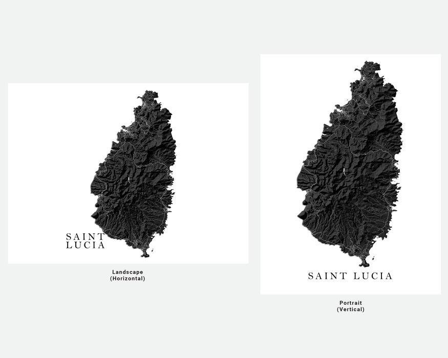 Saint Lucia island map print with a black and white topographic landscape design by Maps As Art.