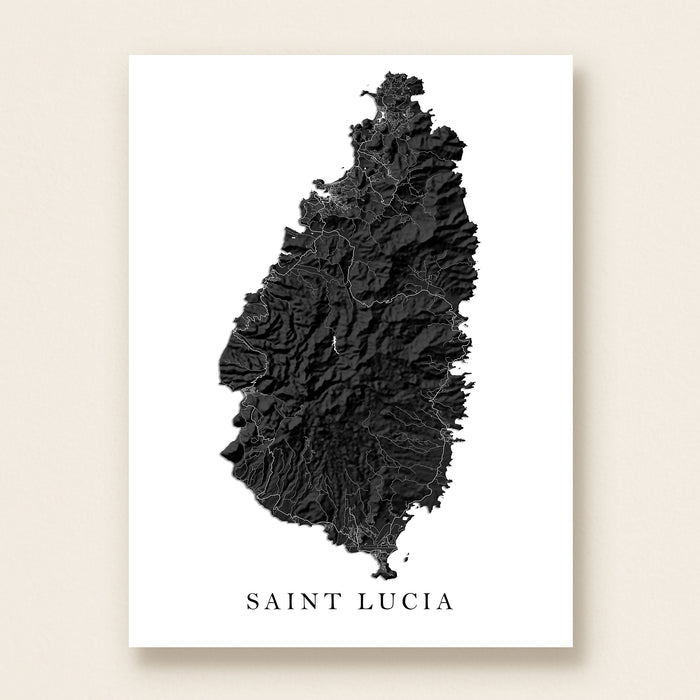 St Lucia Topographic Map Print: Black and White Caribbean Island Wall Art Poster