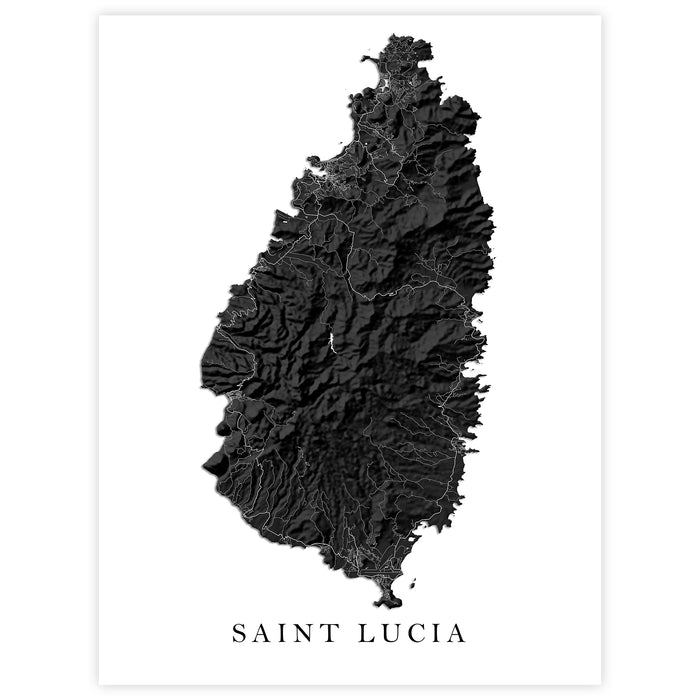 St Lucia Topographic Map Print: Black and White Caribbean Island Wall Art Poster