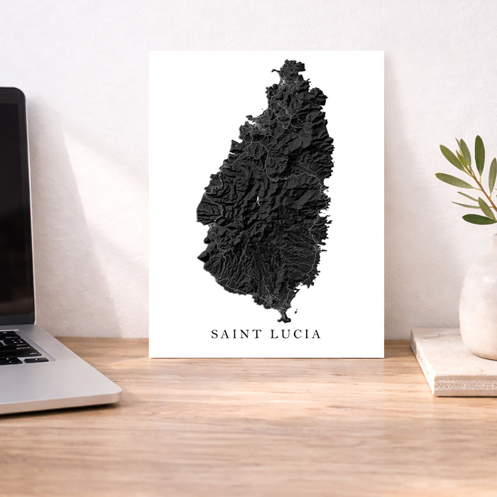 St Lucia Topographic Map Print: Black and White Caribbean Island Wall Art Poster