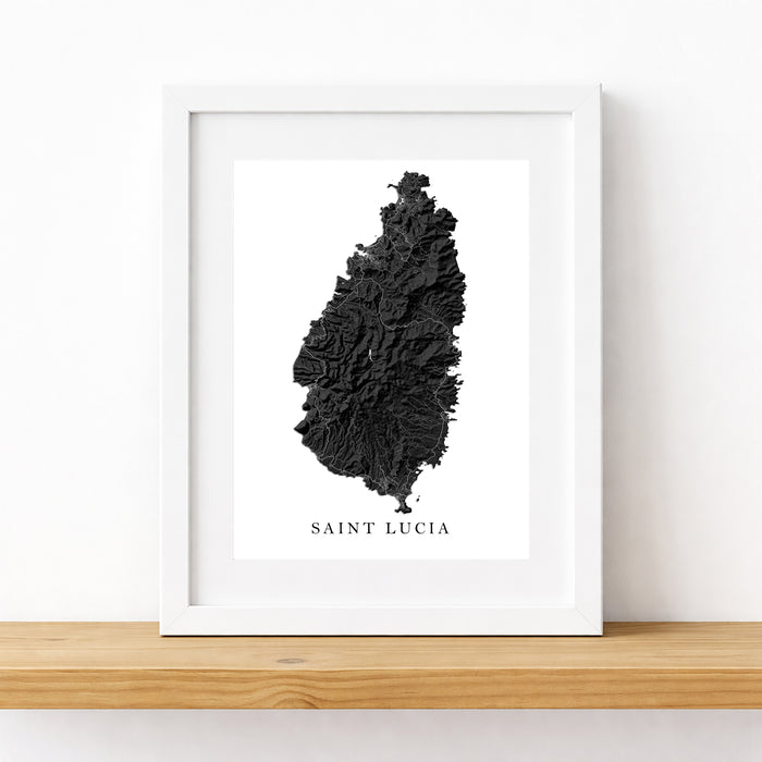 St Lucia Topographic Map Print: Black and White Caribbean Island Wall Art Poster