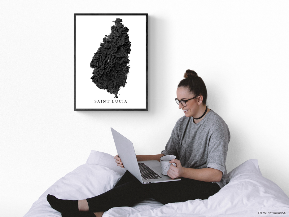 Saint Lucia island map print with a black and white topographic landscape design by Maps As Art.