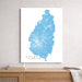 Map of Saint Lucia on a white wall above a wooden shelf.