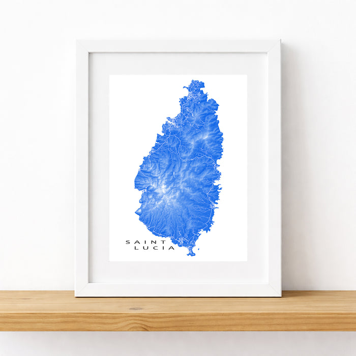 Framed map of Saint Lucia with a blue watercolor design on a white background