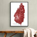Framed map of Saint Lucia on a wall above a wooden bench.