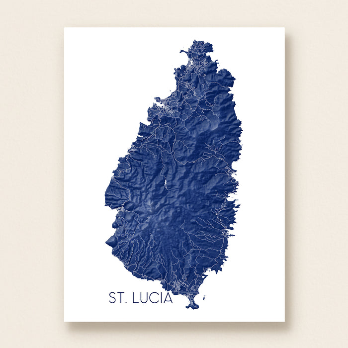 Topographic map of St. Lucia in blue on a white background