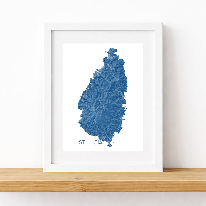 Framed map of St. Lucia on a white wall