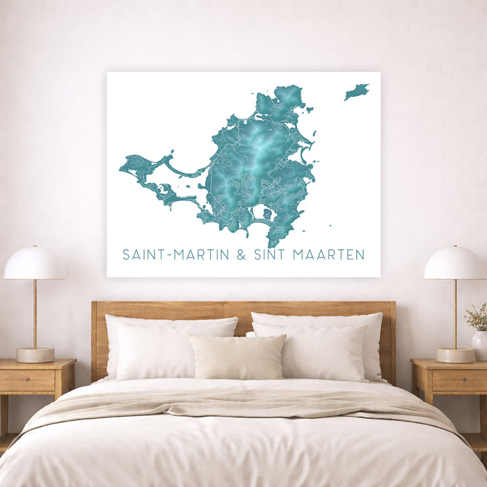 Map of Saint-Martin & Sint Maarten on a wall above a bed