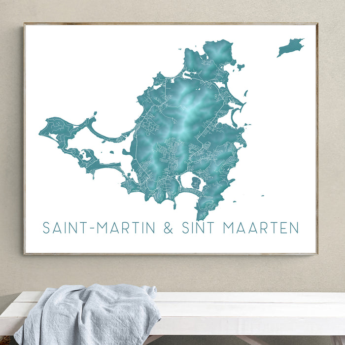 Saint Martin Wall Art Print: Turquoise Topographic Sint Maarten Island Map Poster