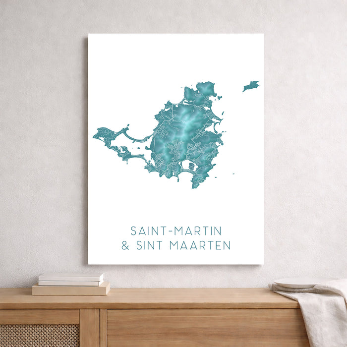 Saint Martin Wall Art Print: Turquoise Topographic Sint Maarten Island Map Poster
