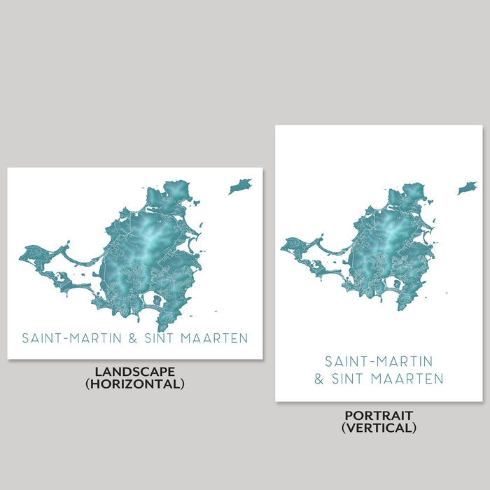 Two maps of Saint-Martin & Sint Maarten, one in landscape and one in portrait orientation, on a gray background.
