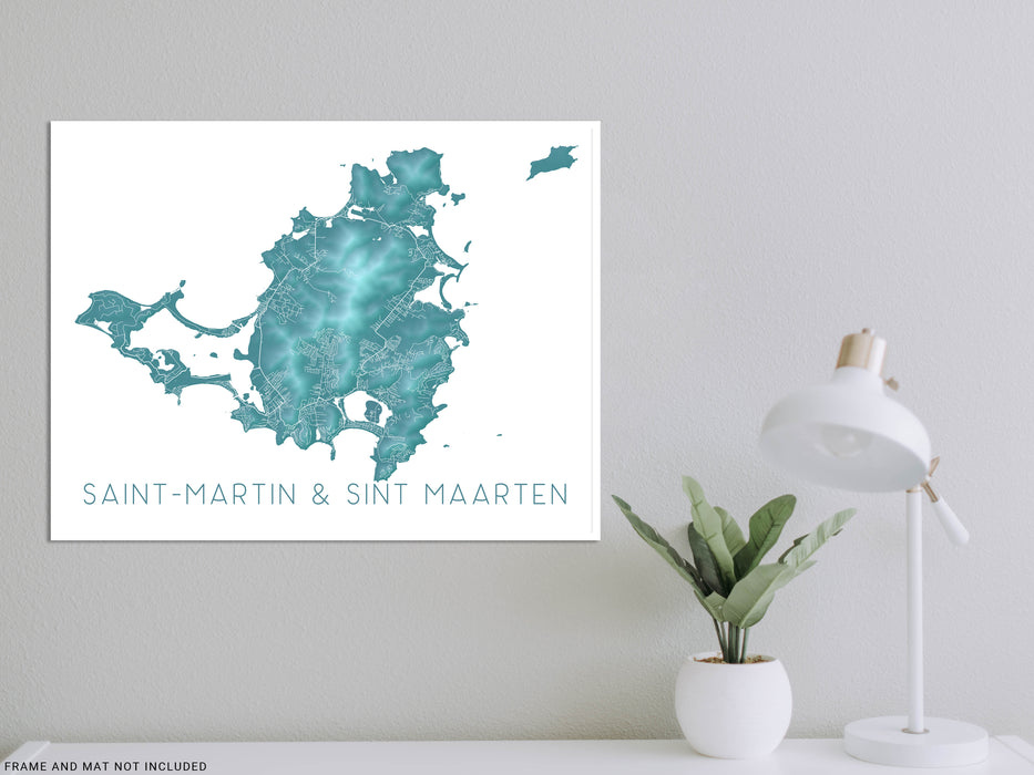Saint Martin island map print with a turquoise landscape design by Maps As Art.