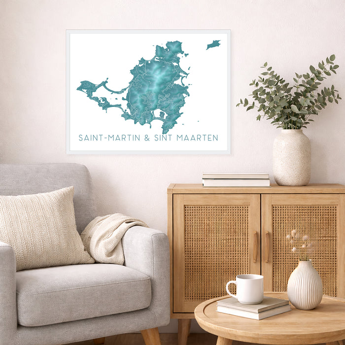 Living room with a map of Saint-Martin & Sint Maarten on the wall, a vase with plants, and a wooden cabinet.