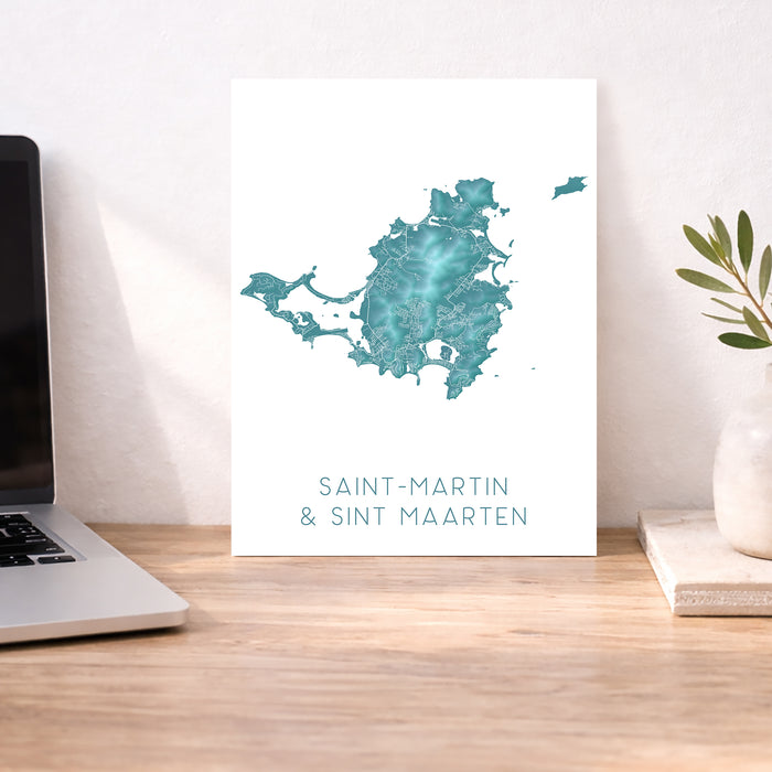 Saint Martin Wall Art Print: Turquoise Topographic Sint Maarten Island Map Poster