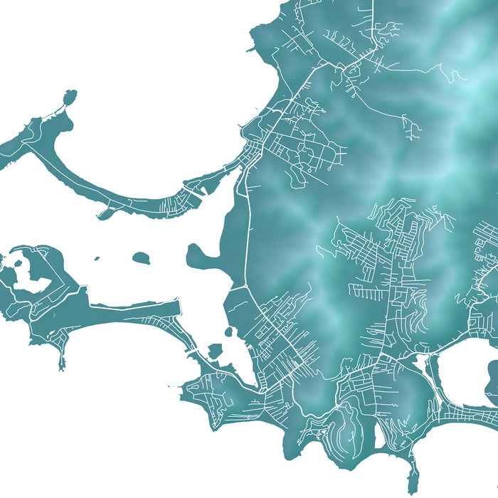 Map of a coastal area with teal color gradient