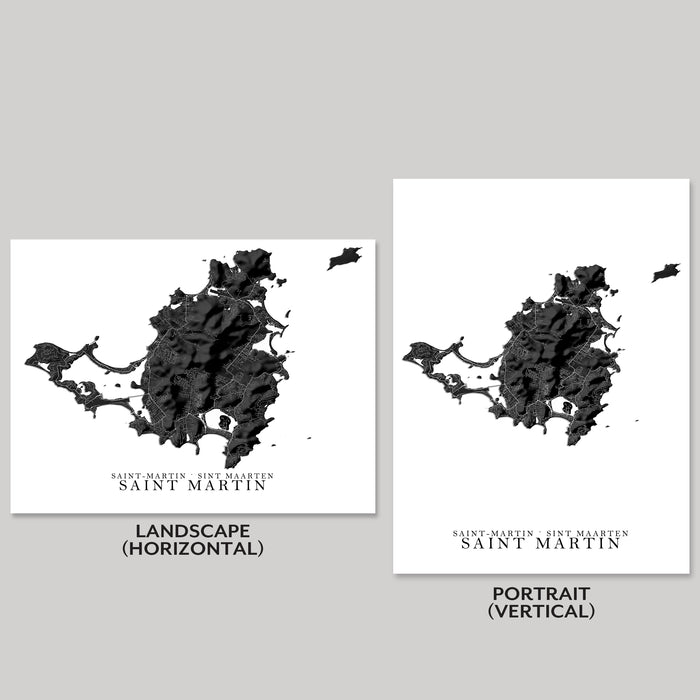 Two black and white maps of Saint Martin, one landscape and one portrait orientation, on a gray background.