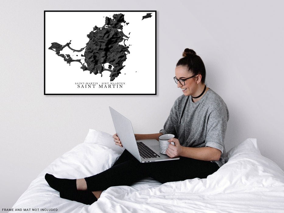 Saint Martin island map print with a black and white topographic landscape design by Maps As Art.