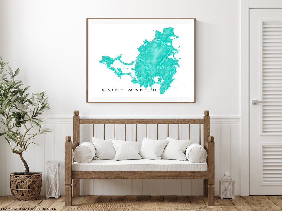Saint Martin map print with natural island landscape and main roads designed by Maps As Art.