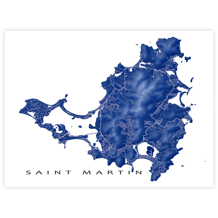 Map of Saint Martin in blue on a white background