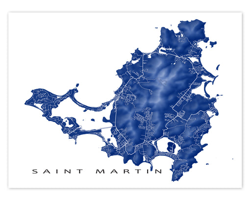 Saint Martin map print with natural island landscape and main roads designed by Maps As Art.
