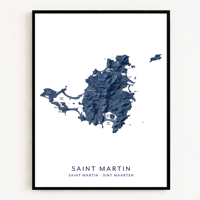 Map of Saint Martin in a black frame on a white background