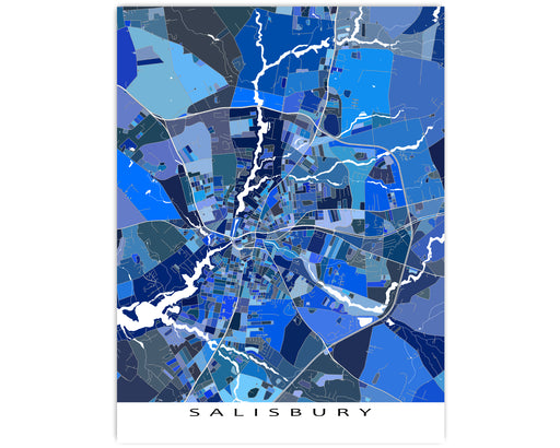 Salisbury, Maryland map art print in blue shapes designed by Maps As Art.