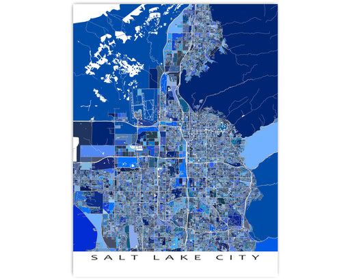 Salt Lake City, Utah map art print in blue shapes designed by Maps As Art.