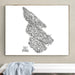 Framed black and white map of Salt Spring Island on a wall above a white bench.