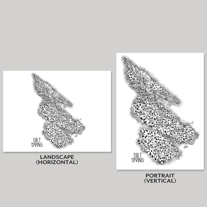Two black and white maps of Salt Spring Island, one landscape and one portrait, on a gray background.