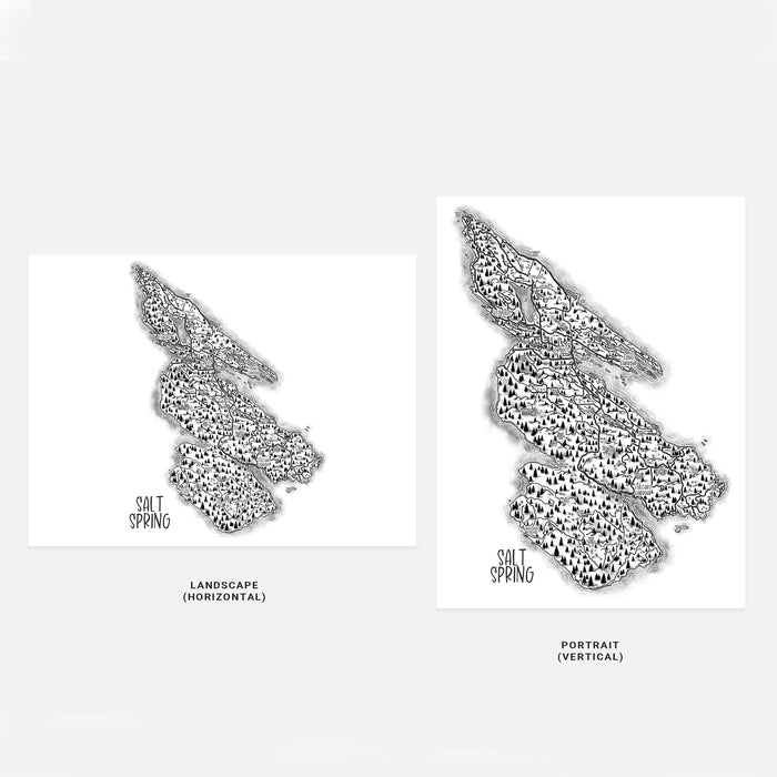 Two black and white illustrations of a mountain range with 'Salt Spring' labeled, one in landscape and one in portrait orientation on a white background.