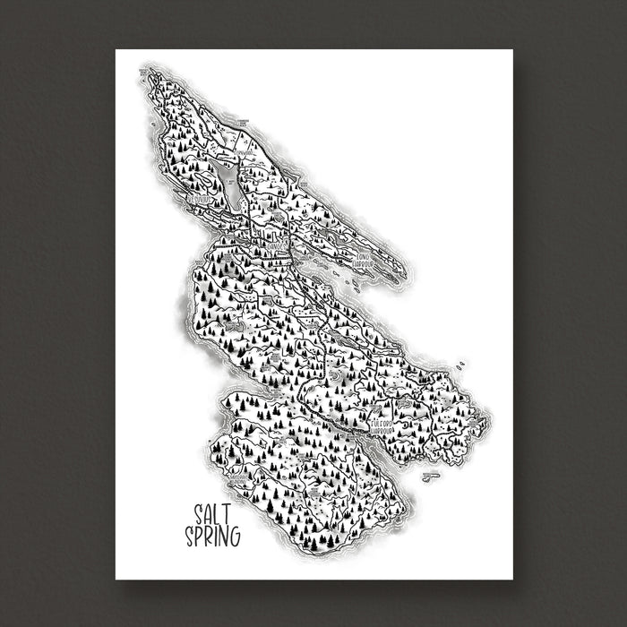 Black and white map of Salt Spring Island on a white background
