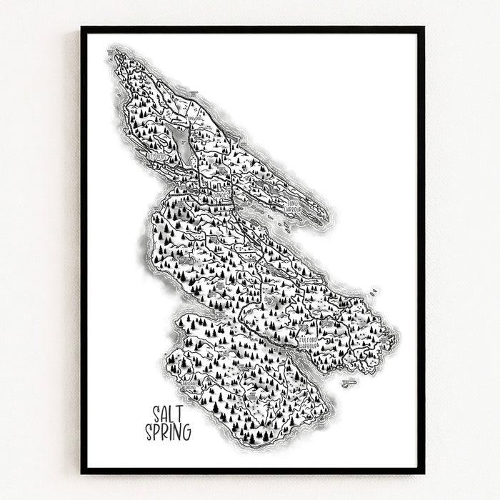 Framed black and white map of Salt Spring Island on a white background