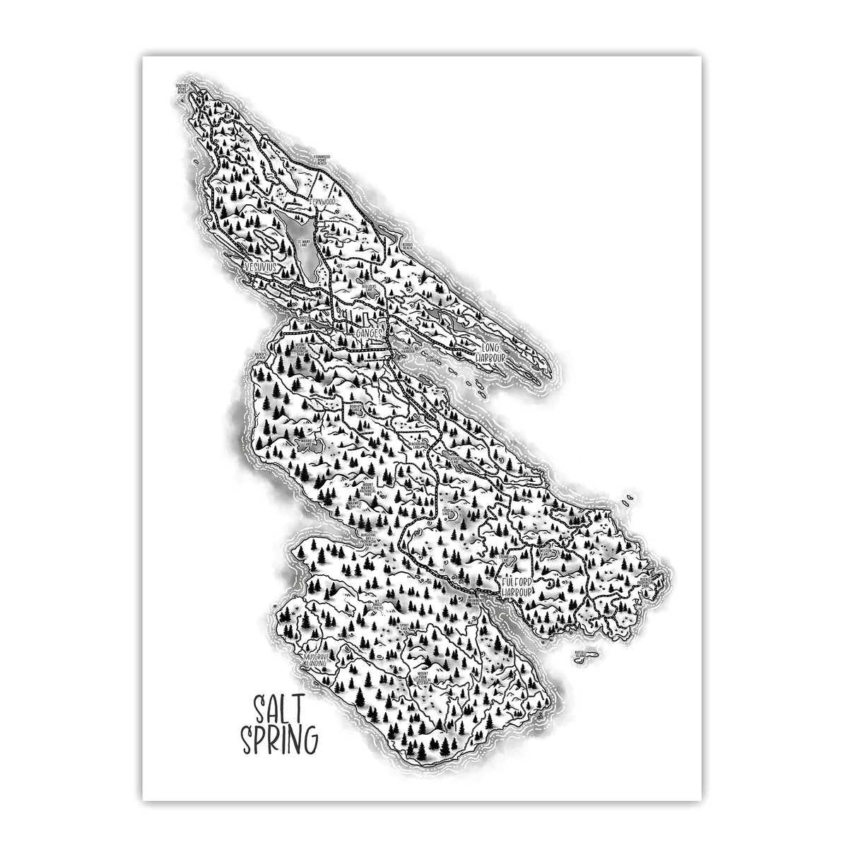 Salt Spring Map Salt Spring Island Illustrated Map Print - Hand-Drawn Wall Art Poster ...