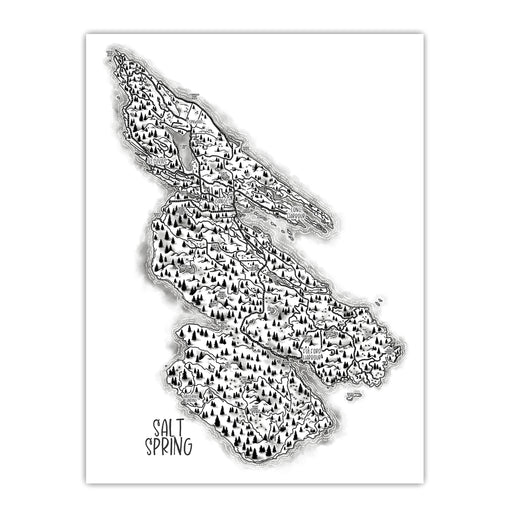 Black and white map of Salt Spring Island on a white background