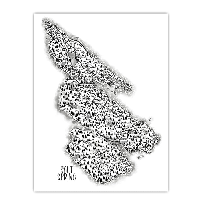 Black and white map of Salt Spring Island on a white background